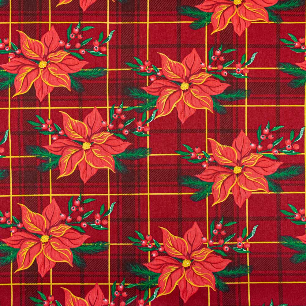 Tecido Tricoline Natal Floral Vermelho Fundo Xadrez Palha 50 cmX1